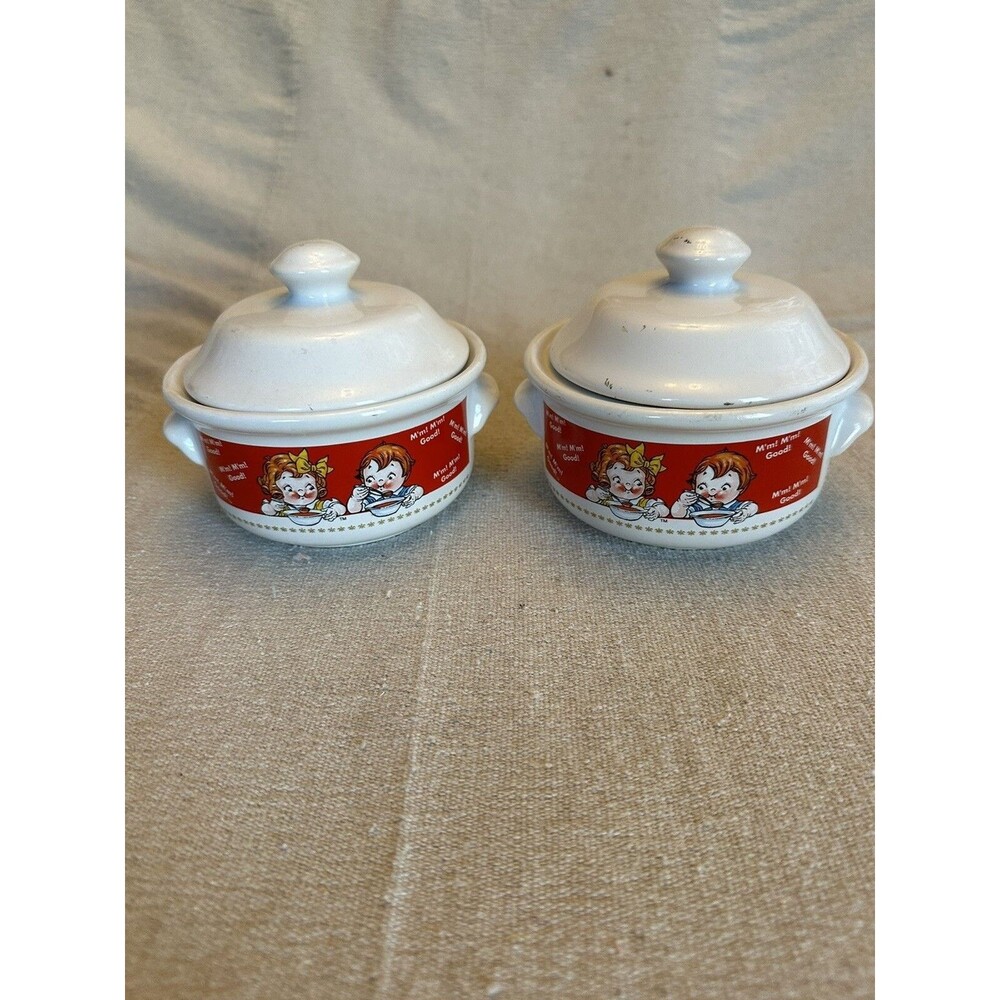 2 Vintage 1998 Cambells Soup Bowls With Lid, 5X3, 10 ounce capacity approximate